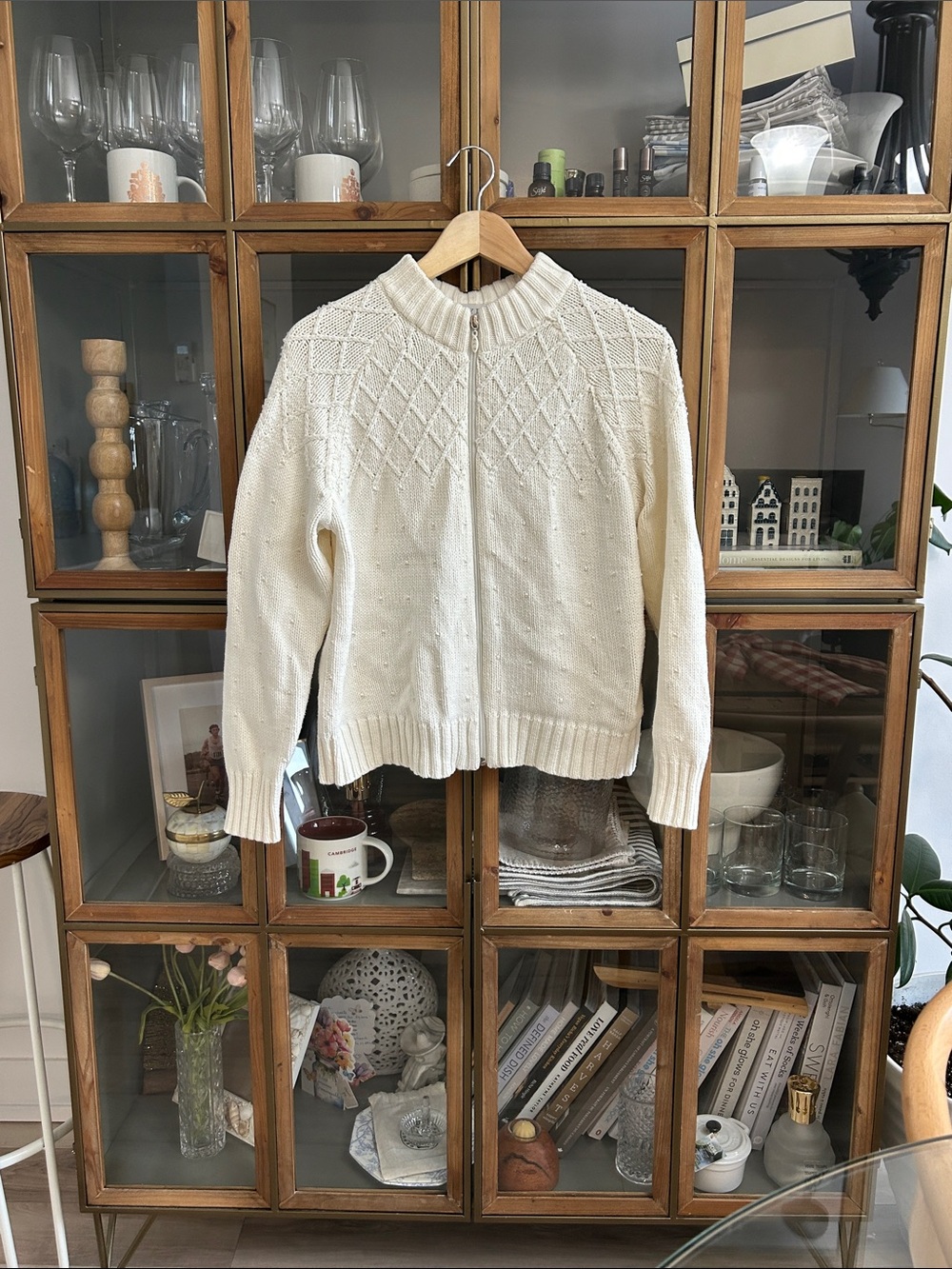 Vintage Kay Dee Cream Zip-Front Knit Sweater with Beads